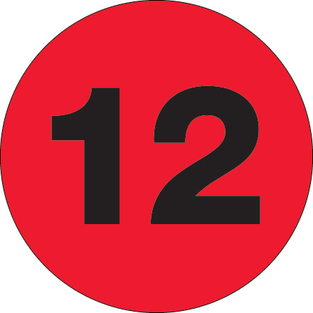 1" Circle - "12" (Fluorescent Red) Number Labels